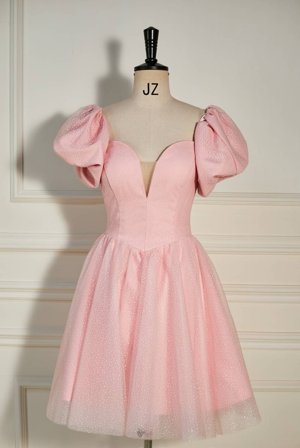 short pink puff sleeve tulle dress Strapless Pink Balloon Sleeves Short Party Dress with Dots – FancyVestido