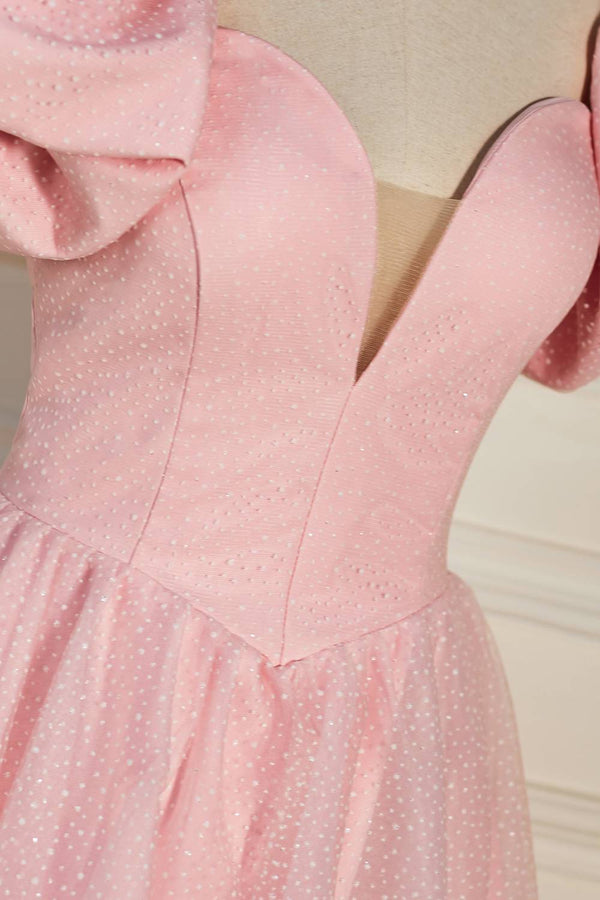 Strapless Pink Balloon Sleeves Short Party Dress with Dots