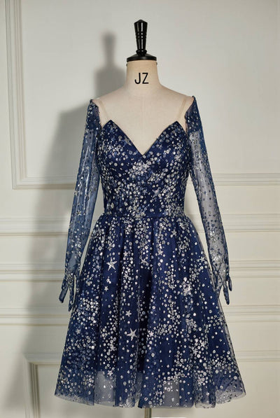 Strapless Navy Blue Sequin Homecoming Dress with Long Gloves