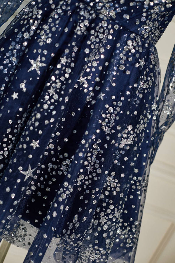 Strapless Navy Blue Sequin Homecoming Dress with Long Gloves