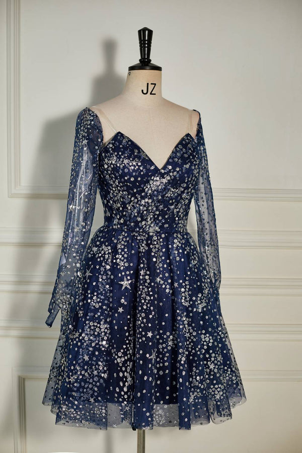 Strapless Navy Blue Sequin Homecoming Dress with Long Gloves