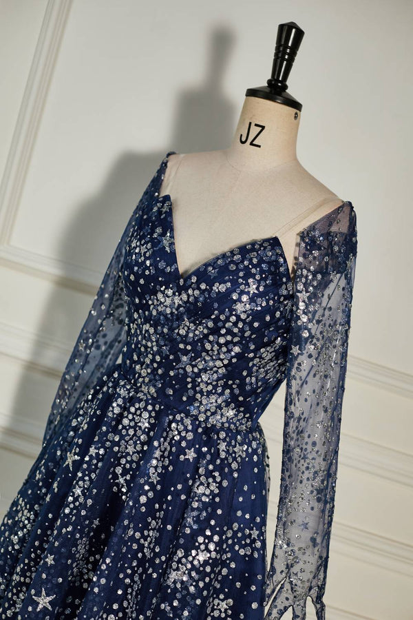 Strapless Navy Blue Sequin Homecoming Dress with Long Gloves