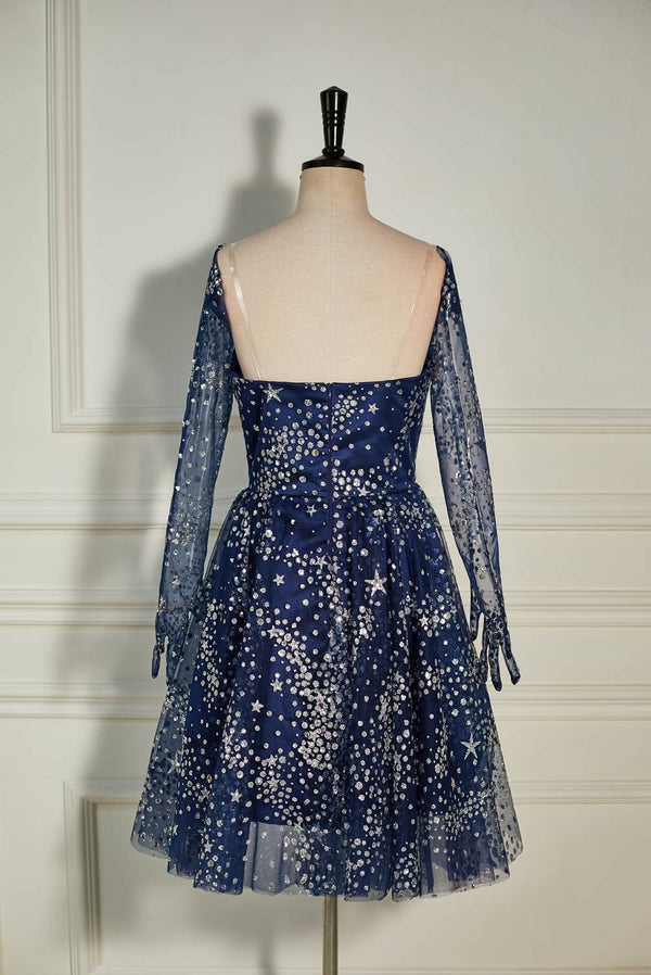 Strapless Navy Blue Sequin Homecoming Dress with Long Gloves