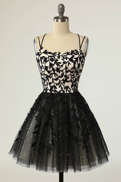 Straps Black Appliques Short Homecoming Dress with Sequins