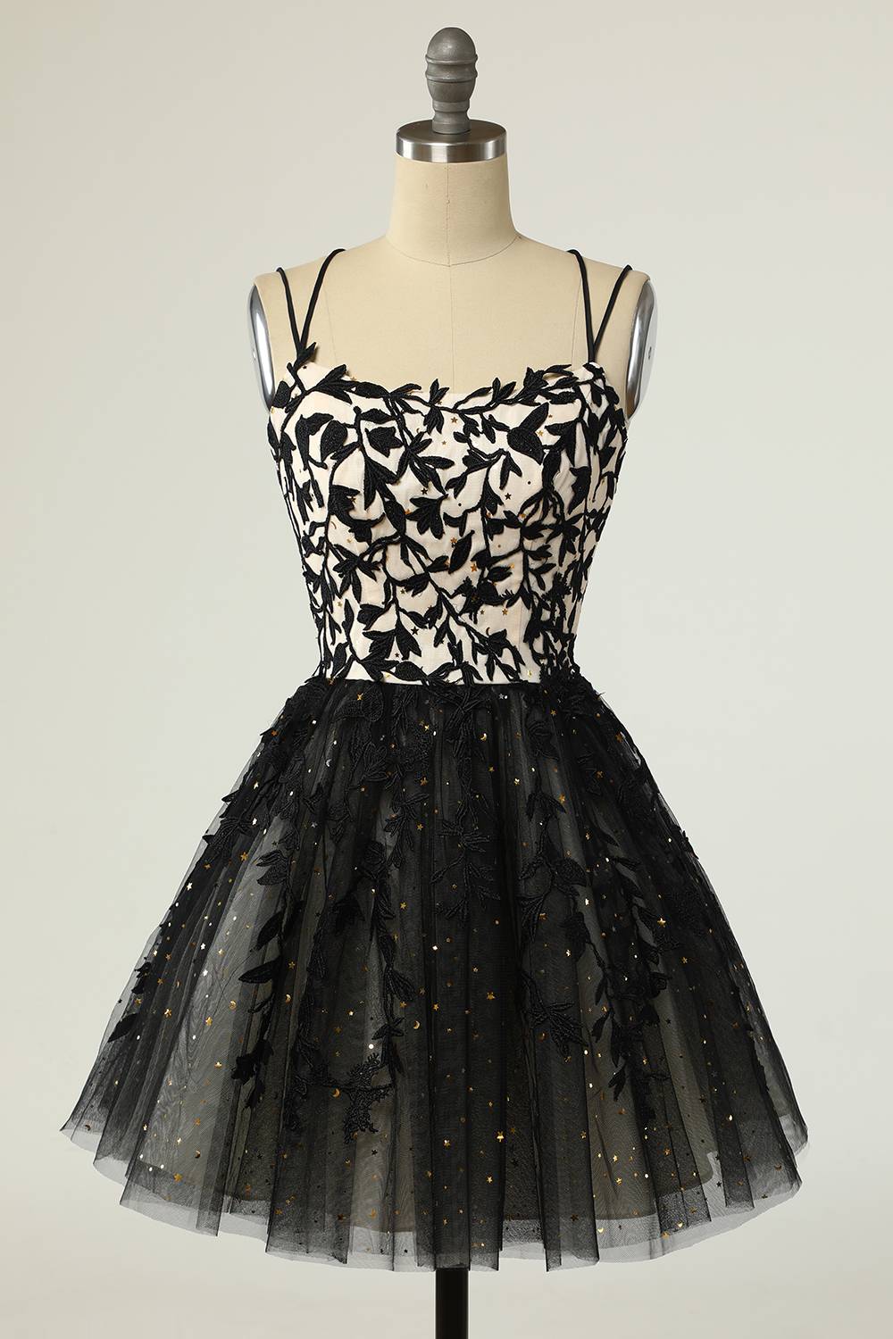 Straps Black Appliques Short Homecoming Dress with Sequins – FancyVestido