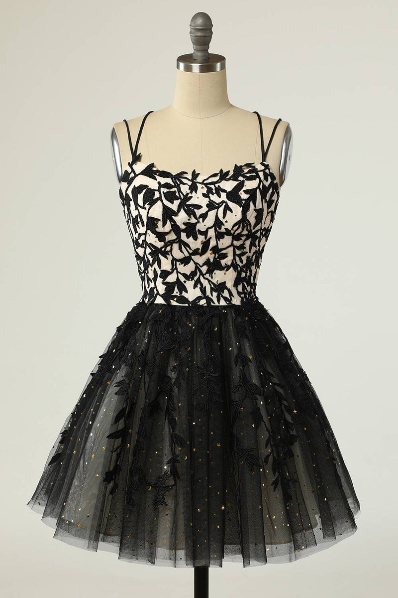 Straps Black Appliques Short Homecoming Dress with Sequins