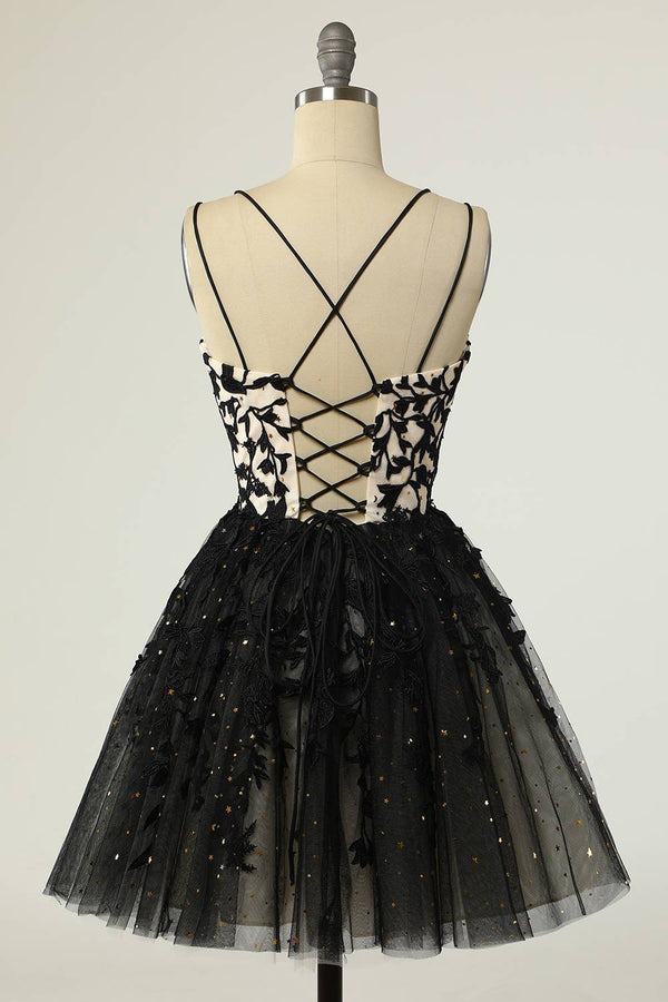 Straps Black Appliques Short Homecoming Dress with Sequins