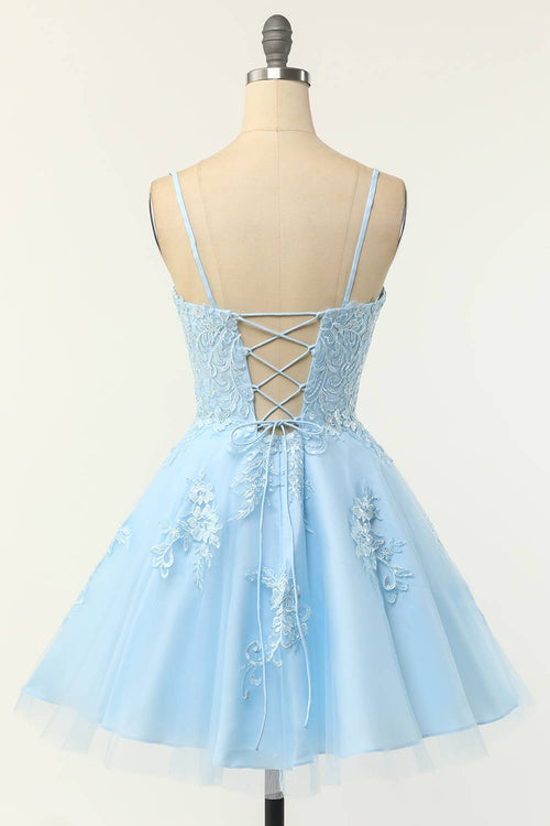 Straps Light Blue A-Line Homecoming Dress with Appliques
