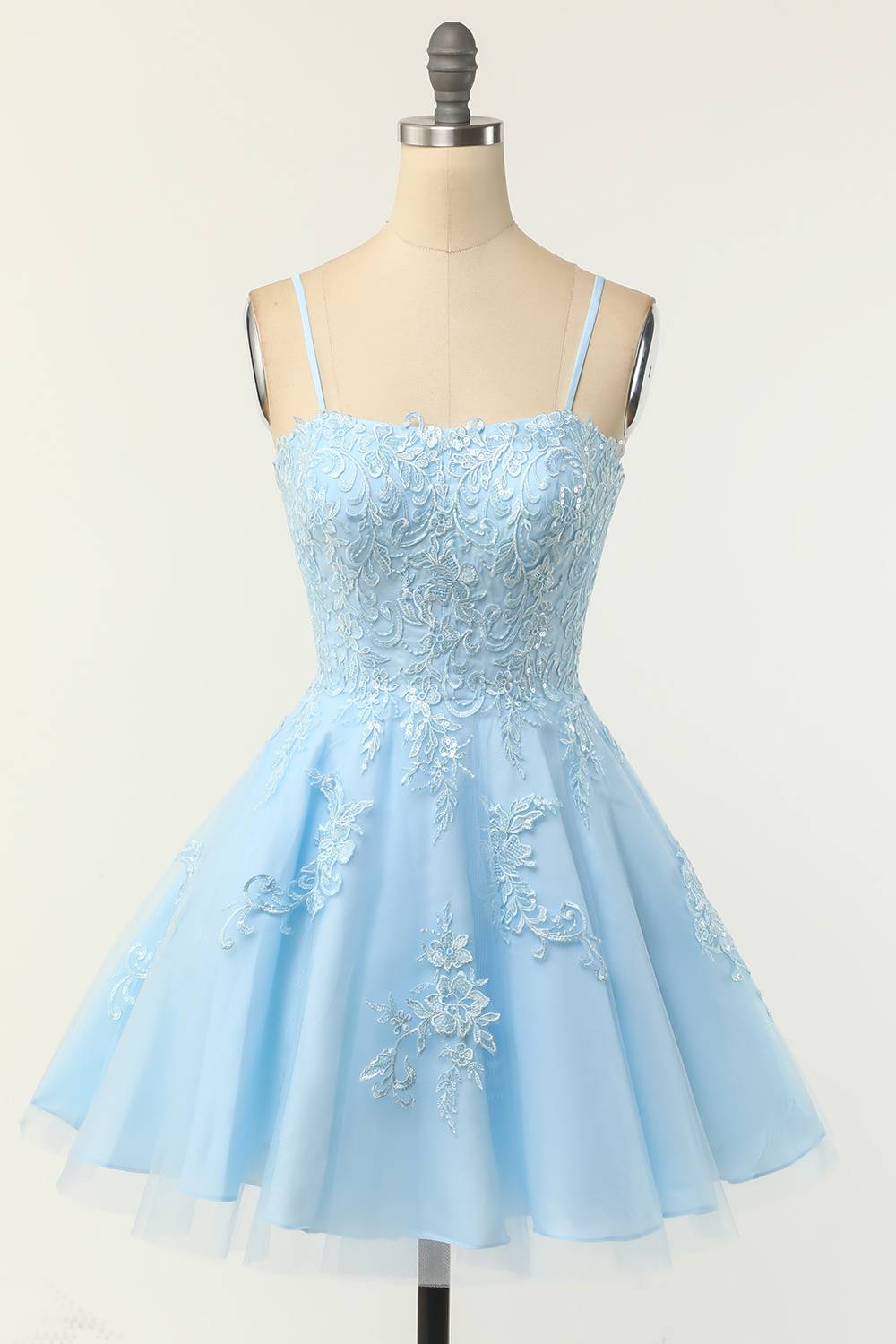 Straps Light Blue A-Line Homecoming Dress with Appliques – FancyVestido