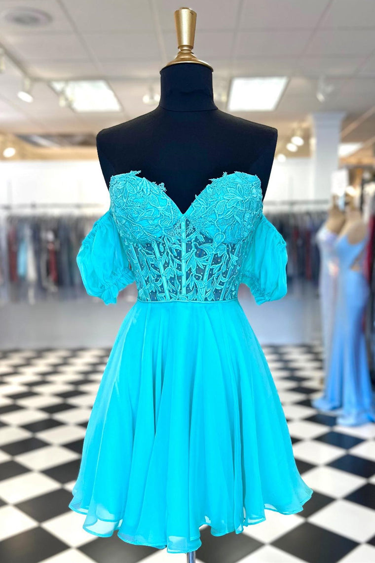 Turquoise Lace Corset A-Line Homecoming Dress with Puff Sleeves FancyVestido Turquoise Lace Corset A-Line Homecoming Dress with Puff Sleeves FancyVestido