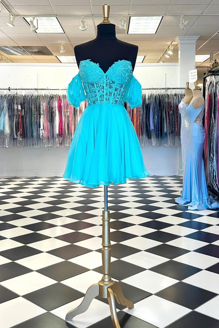 Turquoise Lace Corset A-Line Homecoming Dress with Puff Sleeves