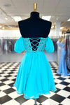 Turquoise Lace Corset A-Line Homecoming Dress with Puff Sleeves