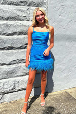 Straps Periwinkle Ruched Tight Homecoming Dress with Feathers