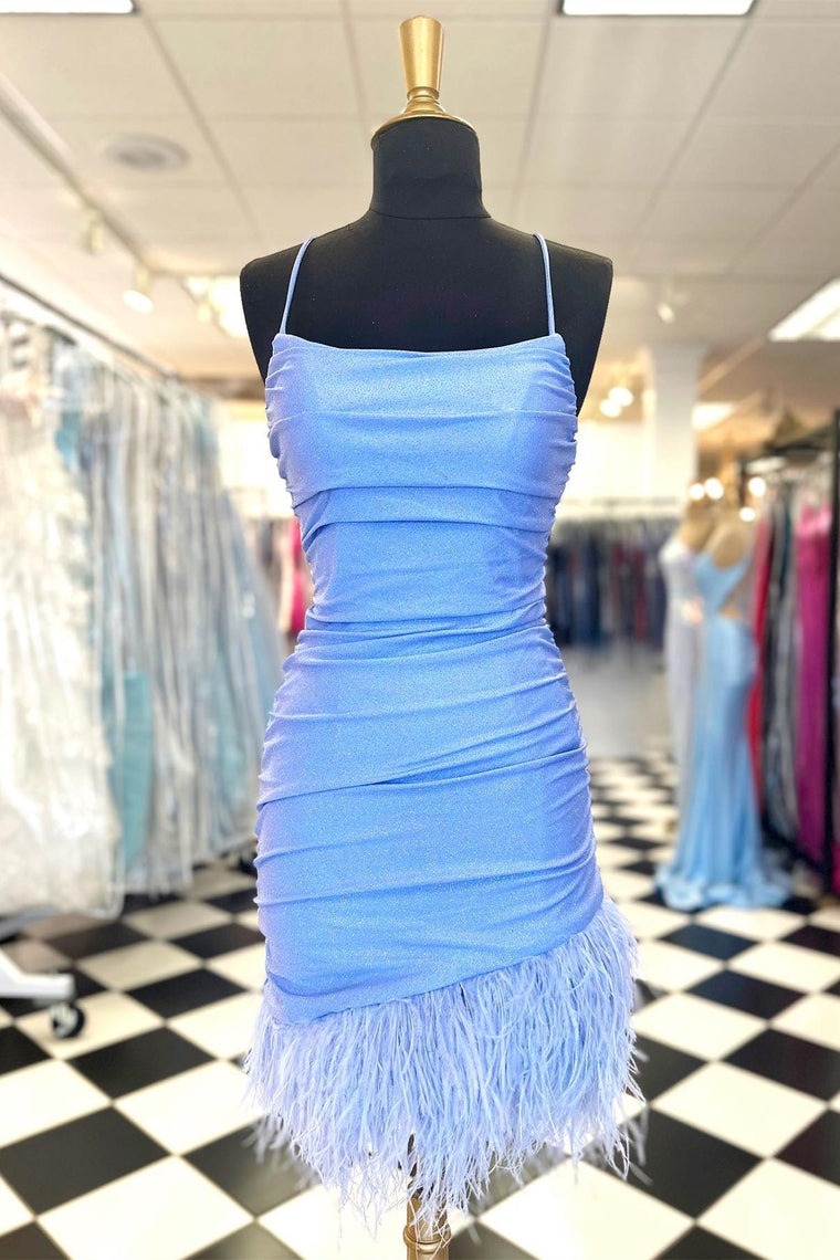 Straps Periwinkle Ruched Tight Homecoming Dress with Feathers