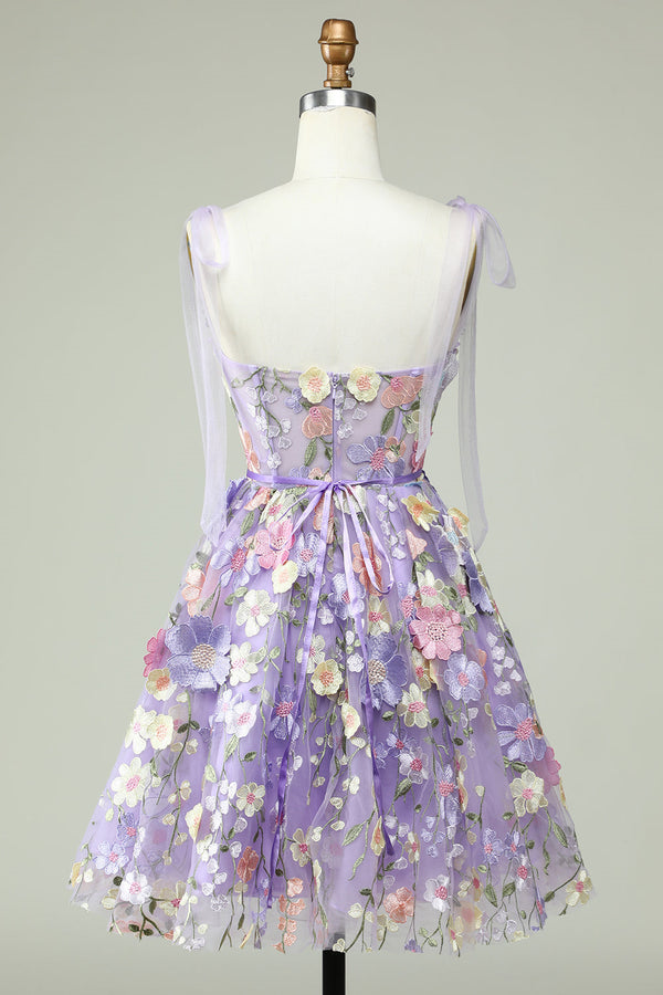 Tie Straps Lavender Embroidery Floral Short Party Dress
