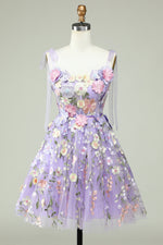 Tie Straps Lavender Embroidery Floral Short Party Dress