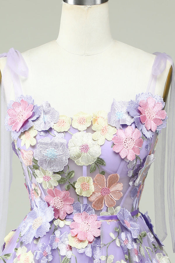 Tie Straps Lavender Embroidery Floral Short Party Dress