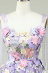 Tie Straps Lavender Embroidery Floral Short Party Dress