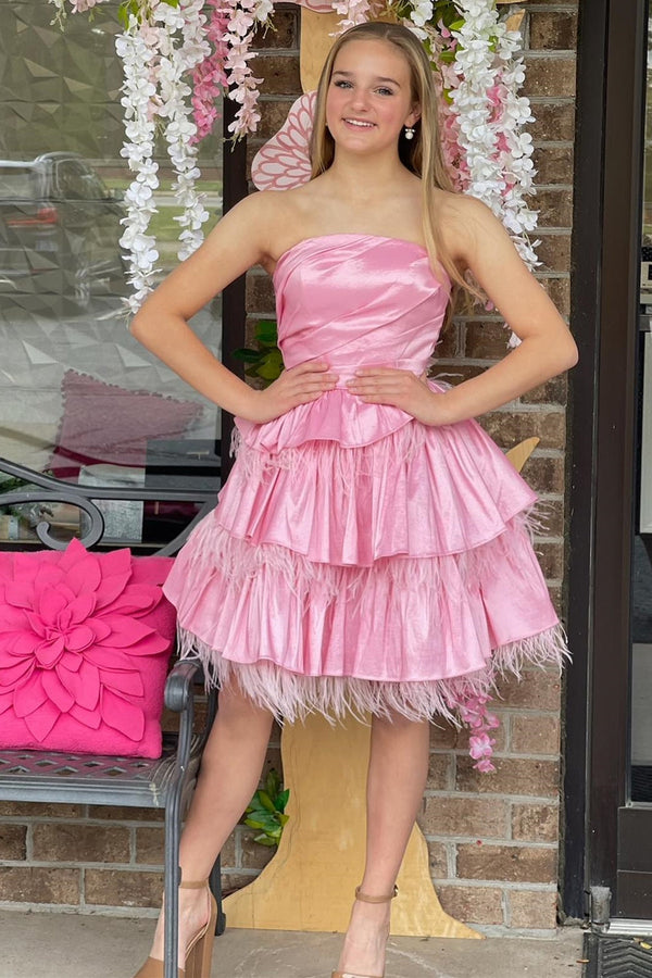 Strapless Fuchsia Tiered A-Line Homecoming Dress with Feathers