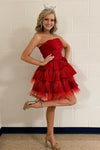 Strapless Fuchsia Tiered A-Line Homecoming Dress with Feathers