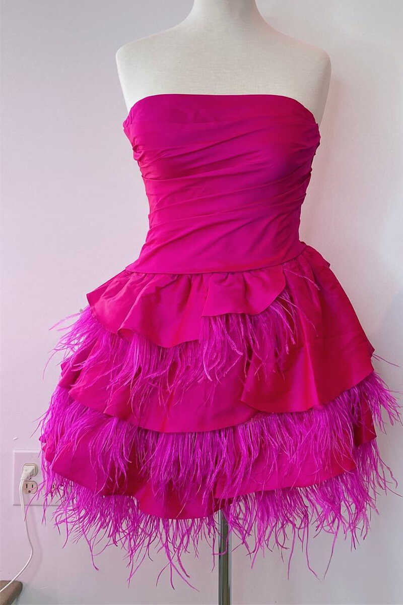 Strapless Fuchsia Tiered A-Line Homecoming Dress with Feathers