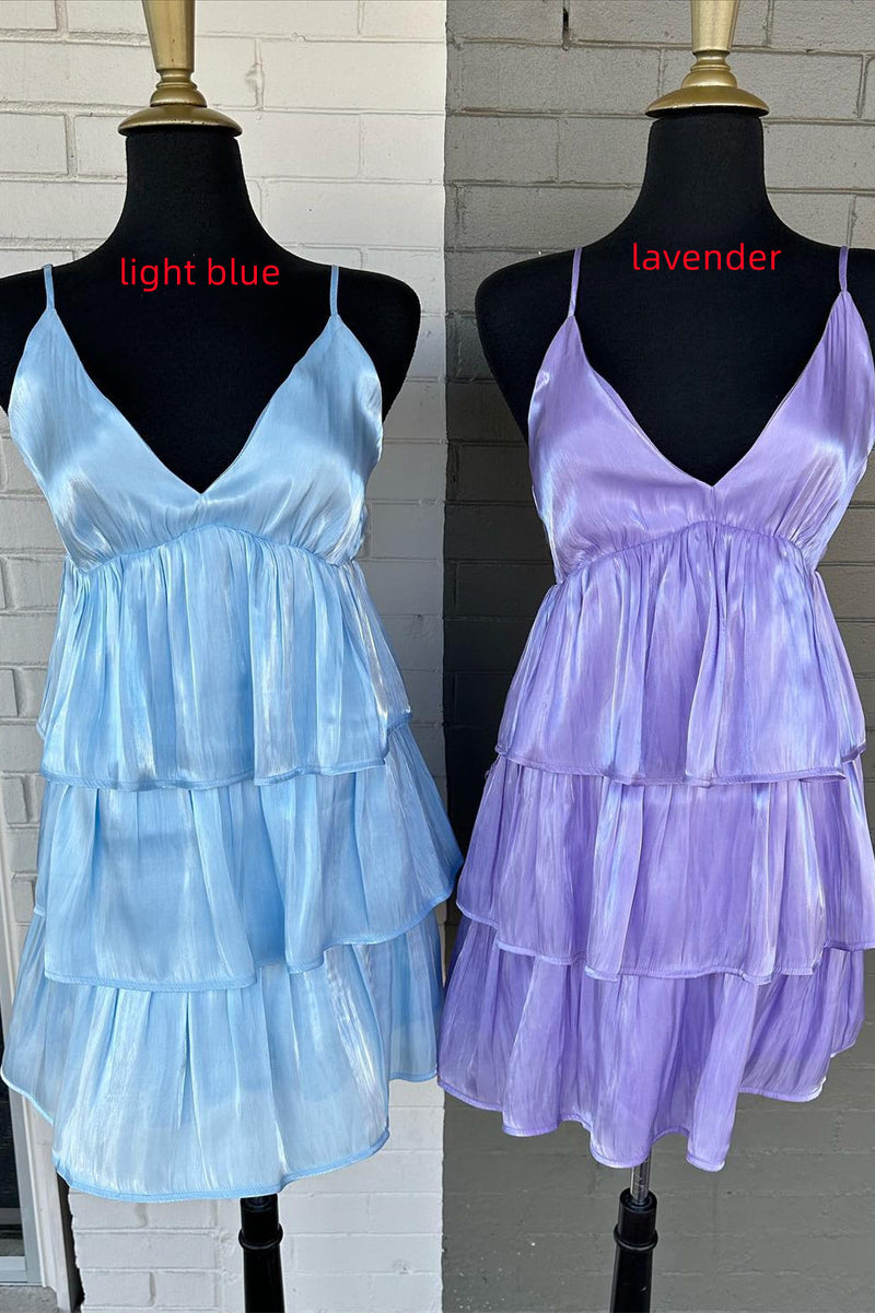 V-Neck Straps Light Blue Layered Short Homecoming Dress