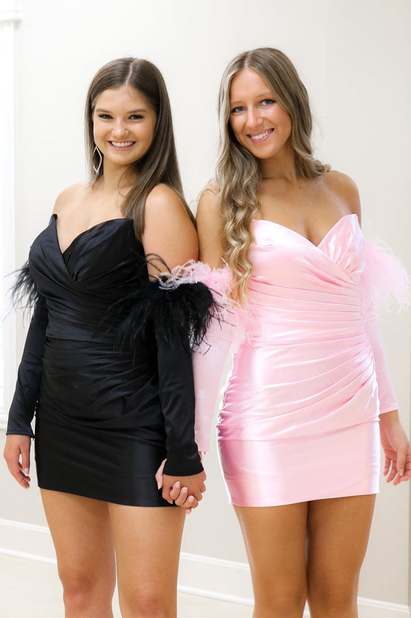 Ruched Blue Strapless Bodycon Homecoming Dress with Long Sleeves