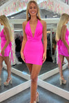 Plunging Neck Hot Pink Pleated Bodycon Homecoming Dress
