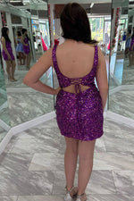 Square Neck Grape Sequin Fringe Short Homecoming Dress
