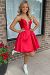 A-Line Plunging Neck Red Satin Homecoming Dress