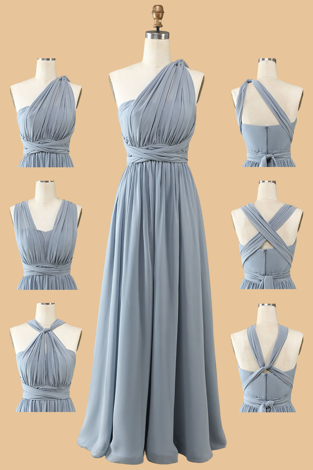 Dusty Blue A-line Chiffon Long Convertible Bridesmaid Dress FancyVestido Dusty Blue A-line Chiffon Long Convertible Bridesmaid Dress FancyVestido