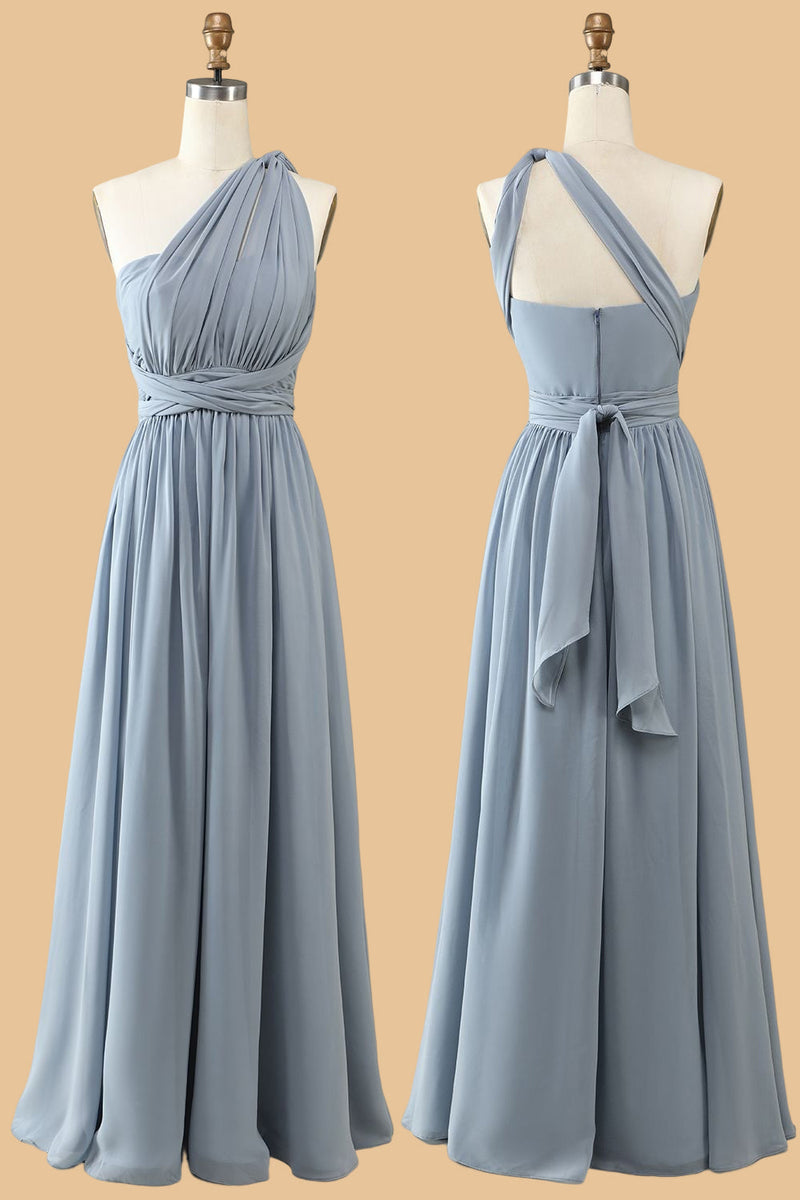 Dusty Blue A-line Chiffon Long Convertible Bridesmaid Dress