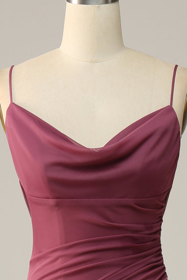 Backless Desert Rose Cowl Neck Ruched Long Bridesmaid Dress