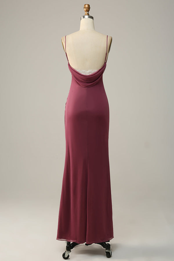 Backless Desert Rose Cowl Neck Ruched Long Bridesmaid Dress