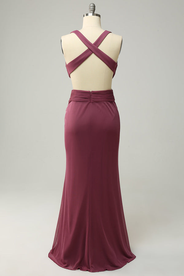 Desert Rose Plunging Neck Criss Cross Straps Mermaid Bridesmaid Dress