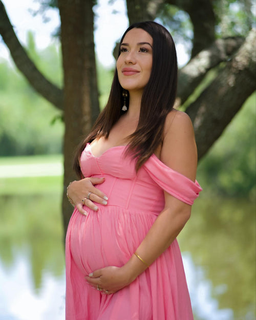 Off the Shoulder Pink Floor Length Pregnant Bridesmaid Dress