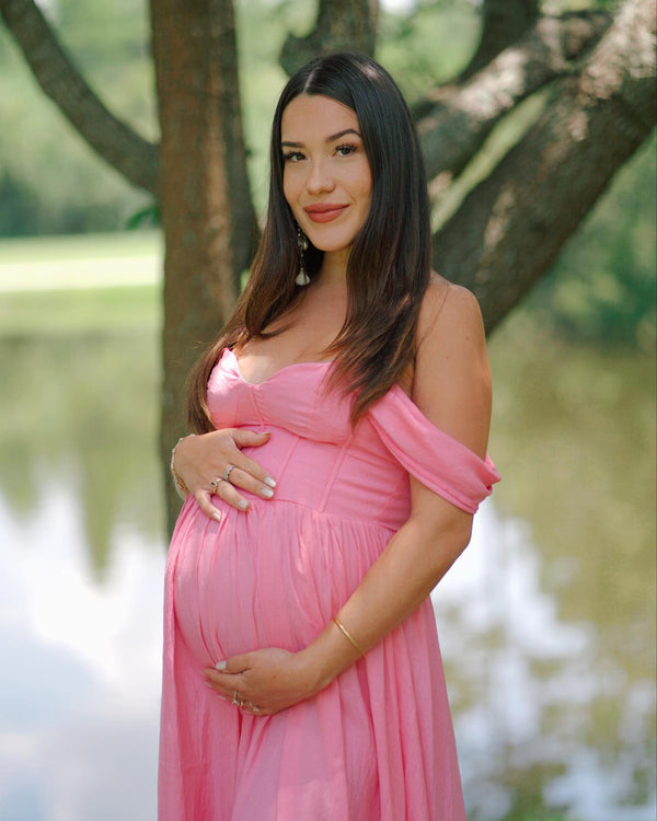 Off the Shoulder Pink Floor Length Pregnant Bridesmaid Dress