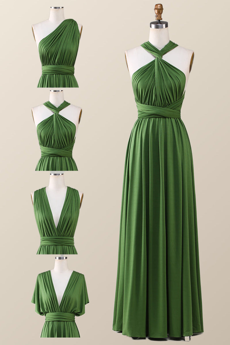 Green A-line Pleated Long Convertible Bridesmaid Dress