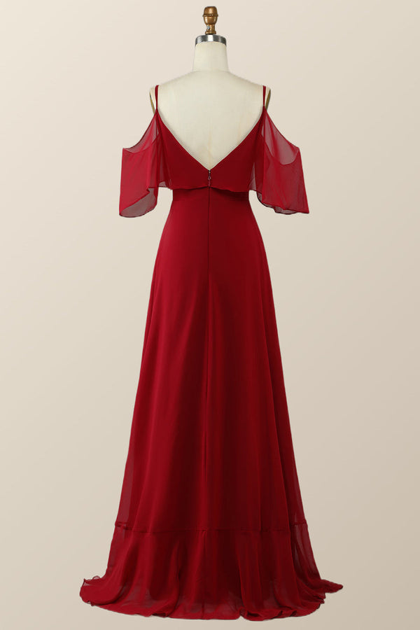 Hi-Low Cold Sleeves Red Ruffle Long Bridesmaid Dress