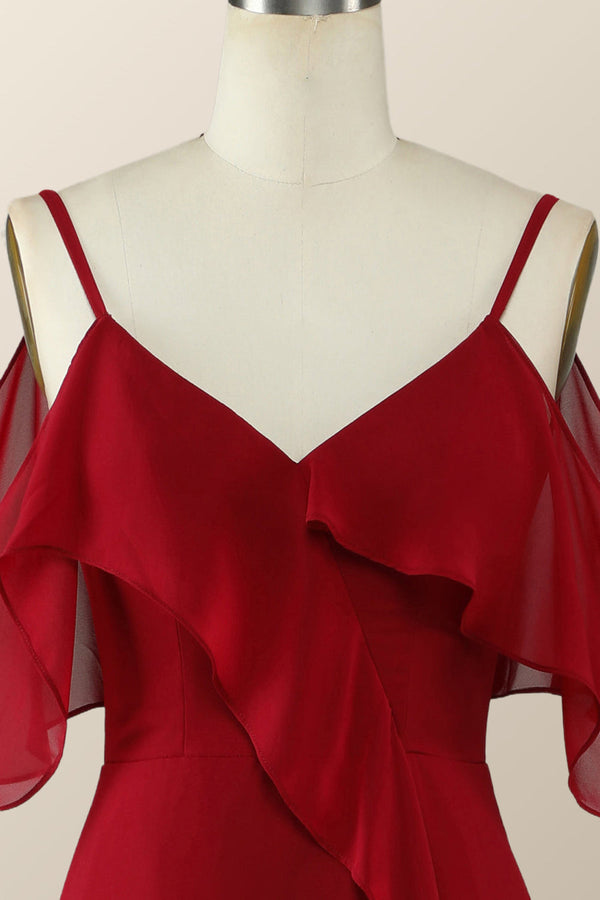 Hi-Low Cold Sleeves Red Ruffle Long Bridesmaid Dress