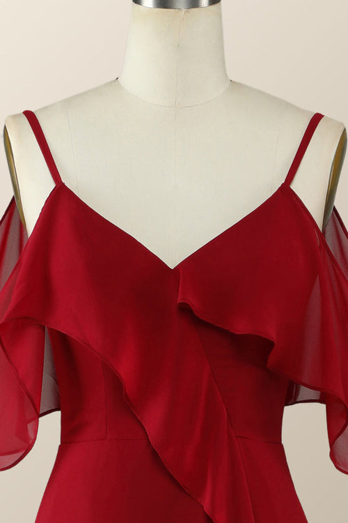 Hi-Low Cold Sleeves Red Ruffle Long Bridesmaid Dress