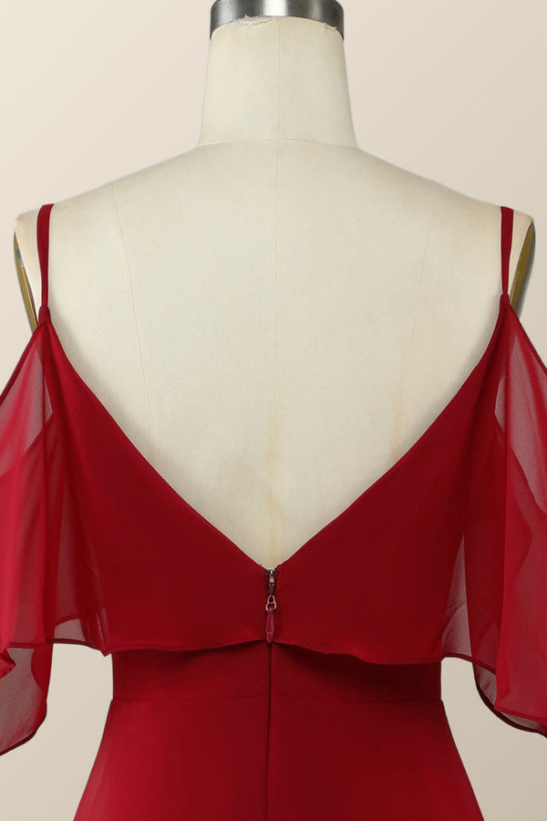 Hi-Low Cold Sleeves Red Ruffle Long Bridesmaid Dress