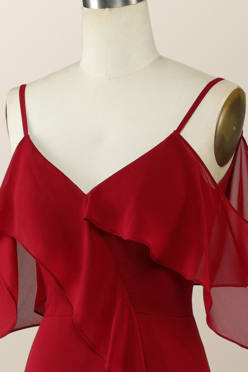 Hi-Low Cold Sleeves Red Ruffle Long Bridesmaid Dress