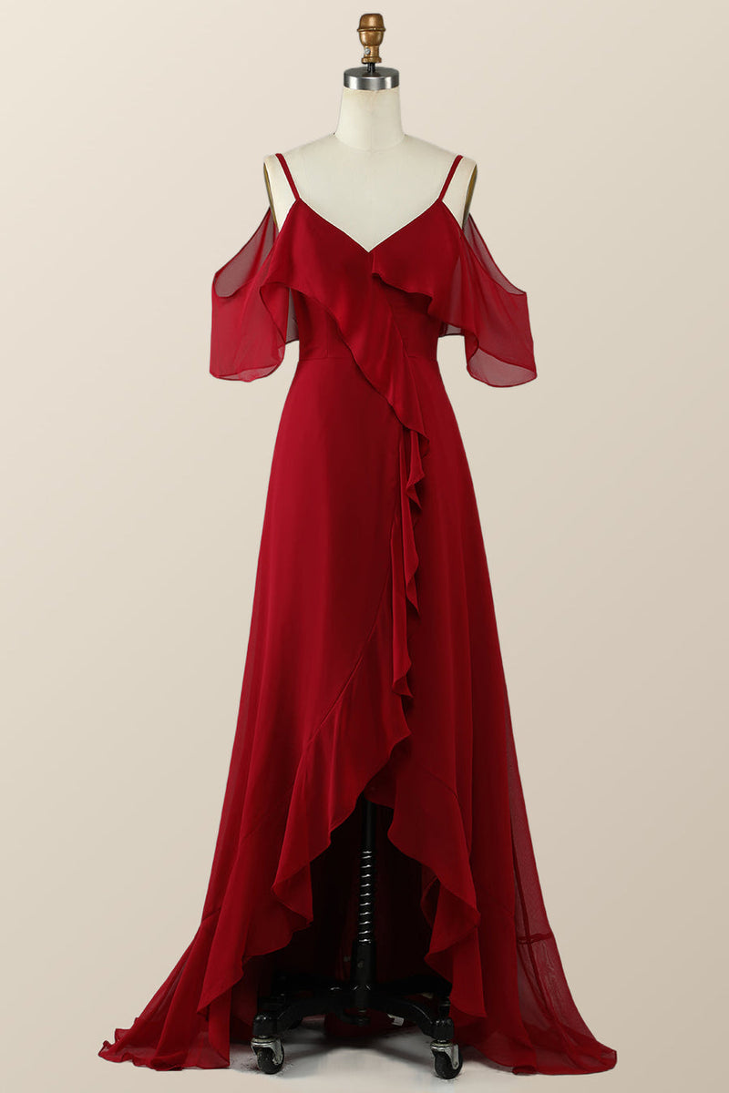 Hi-Low Cold Sleeves Red Ruffle Long Bridesmaid Dress