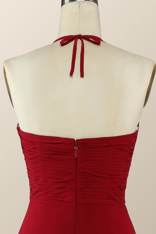 Halter Red Pleared Long Bridesmaid Dress with Slit