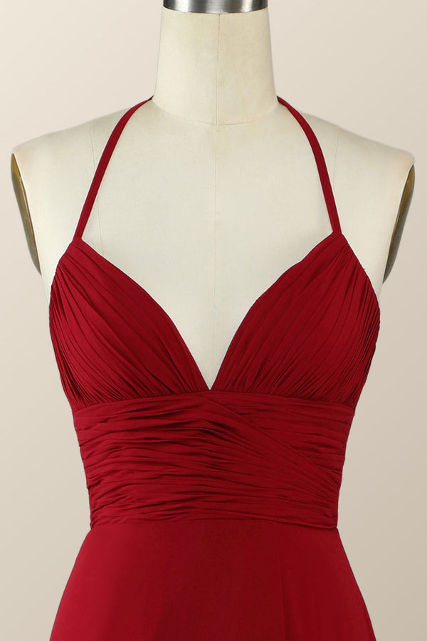 Halter Red Pleared Long Bridesmaid Dress with Slit