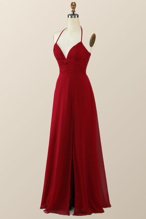 Halter Red Pleared Long Bridesmaid Dress with Slit
