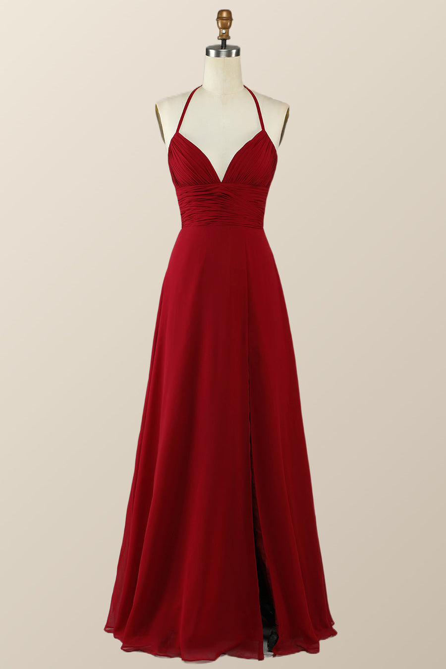 Halter Red Pleared Long Bridesmaid Dress with Slit