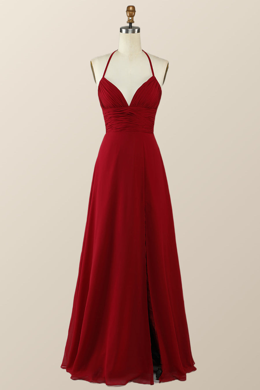Halter Red Pleared Long Bridesmaid Dress with Slit – FancyVestido
