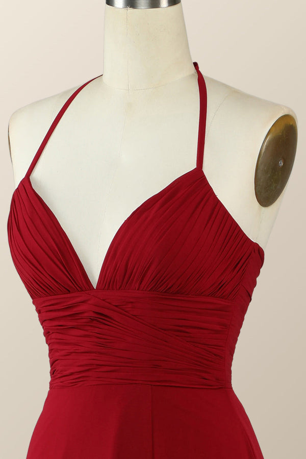 Halter Red Pleared Long Bridesmaid Dress with Slit